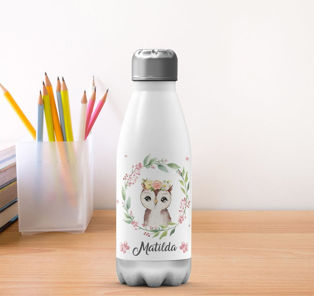 Thermo Trinkflasche Süße Eule mit Blumenkranz personalisiert mit Wunschname - von Mikalino