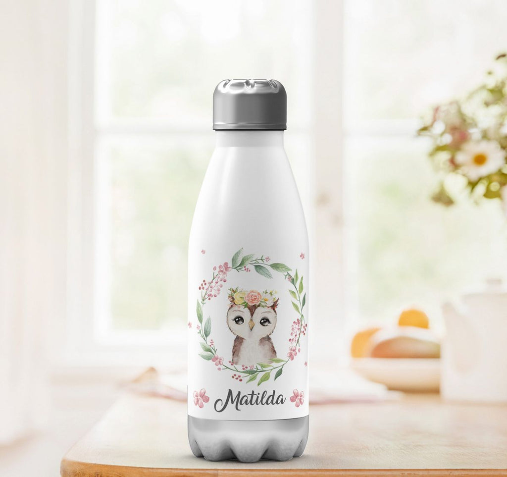 Thermo Trinkflasche Süße Eule mit Blumenkranz personalisiert mit Wunschname - von Mikalino