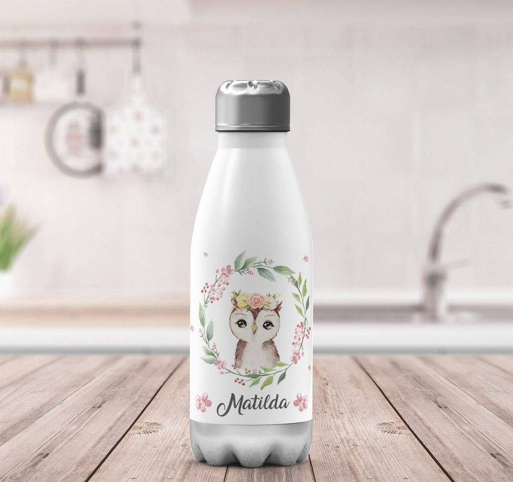 Thermo Trinkflasche Süße Eule mit Blumenkranz personalisiert mit Wunschname - von Mikalino