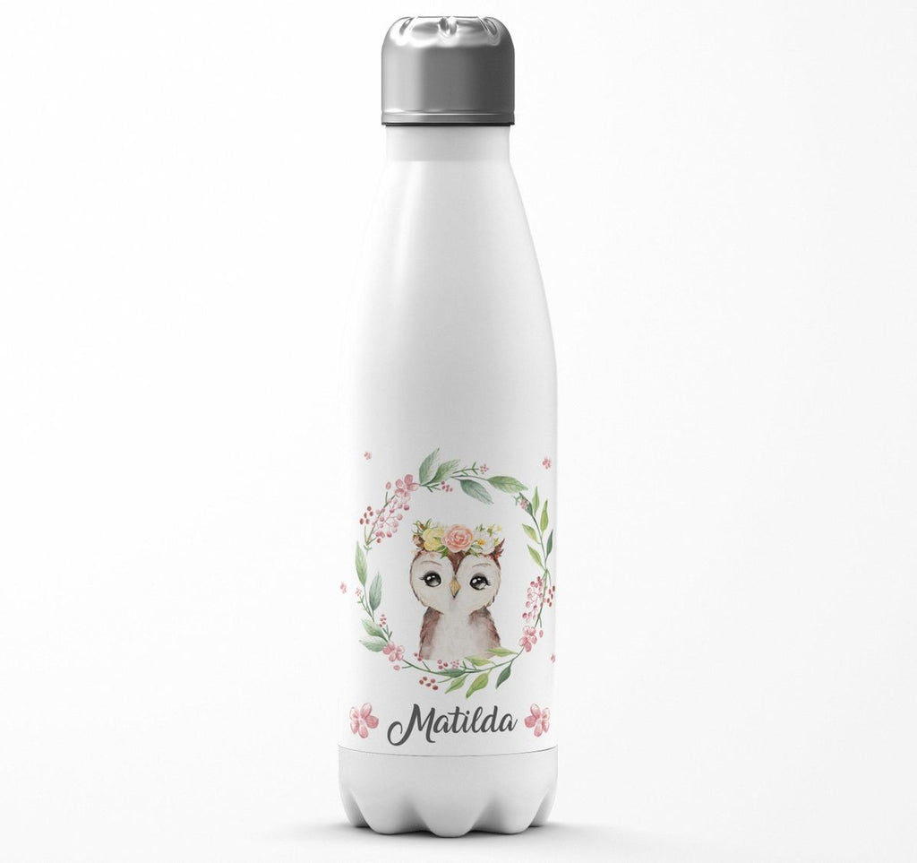 Thermo Trinkflasche Süße Eule mit Blumenkranz personalisiert mit Wunschname - von Mikalino