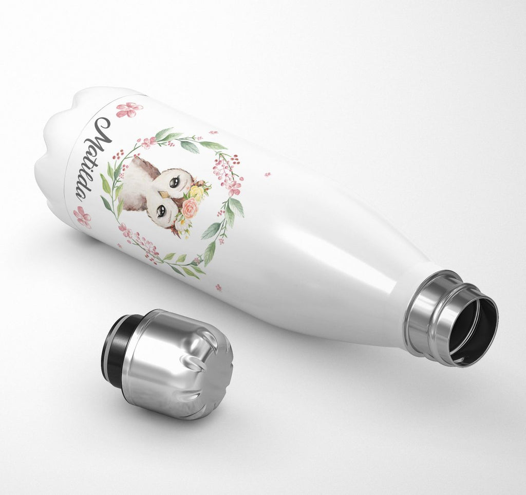 Thermo Trinkflasche Süße Eule mit Blumenkranz personalisiert mit Wunschname - von Mikalino