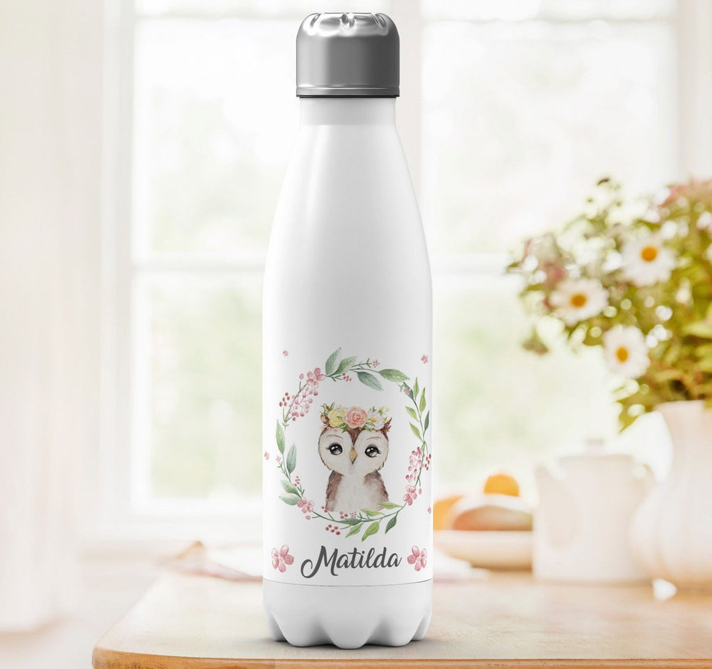 Thermo Trinkflasche Süße Eule mit Blumenkranz personalisiert mit Wunschname - von Mikalino