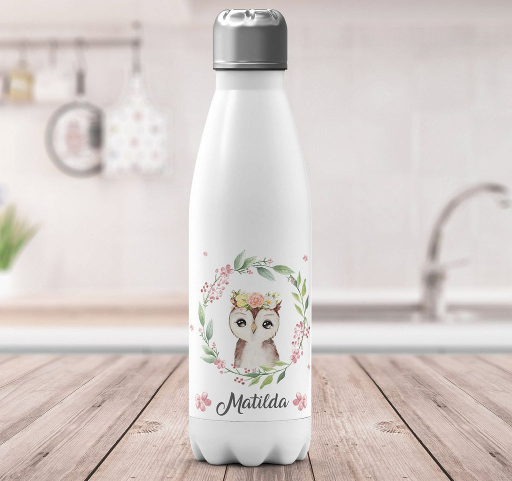 Thermo Trinkflasche Süße Eule mit Blumenkranz personalisiert mit Wunschname - von Mikalino