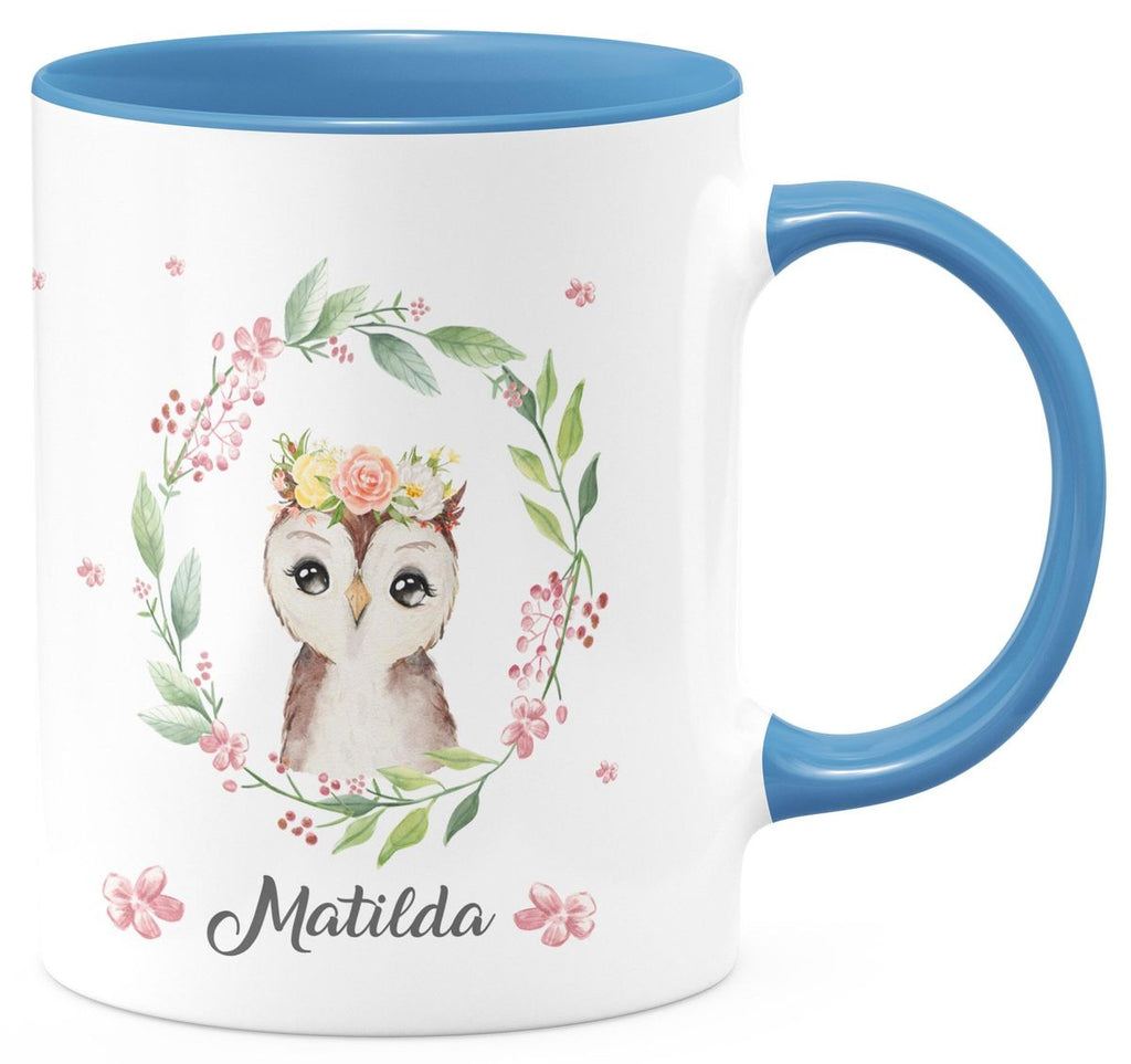 Keramik Tasse Süße Eule mit Blumenkranz personalisiert mit Wunschname - von Mikalino