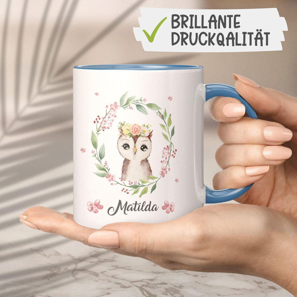 Keramik Tasse Süße Eule mit Blumenkranz personalisiert mit Wunschname - von Mikalino