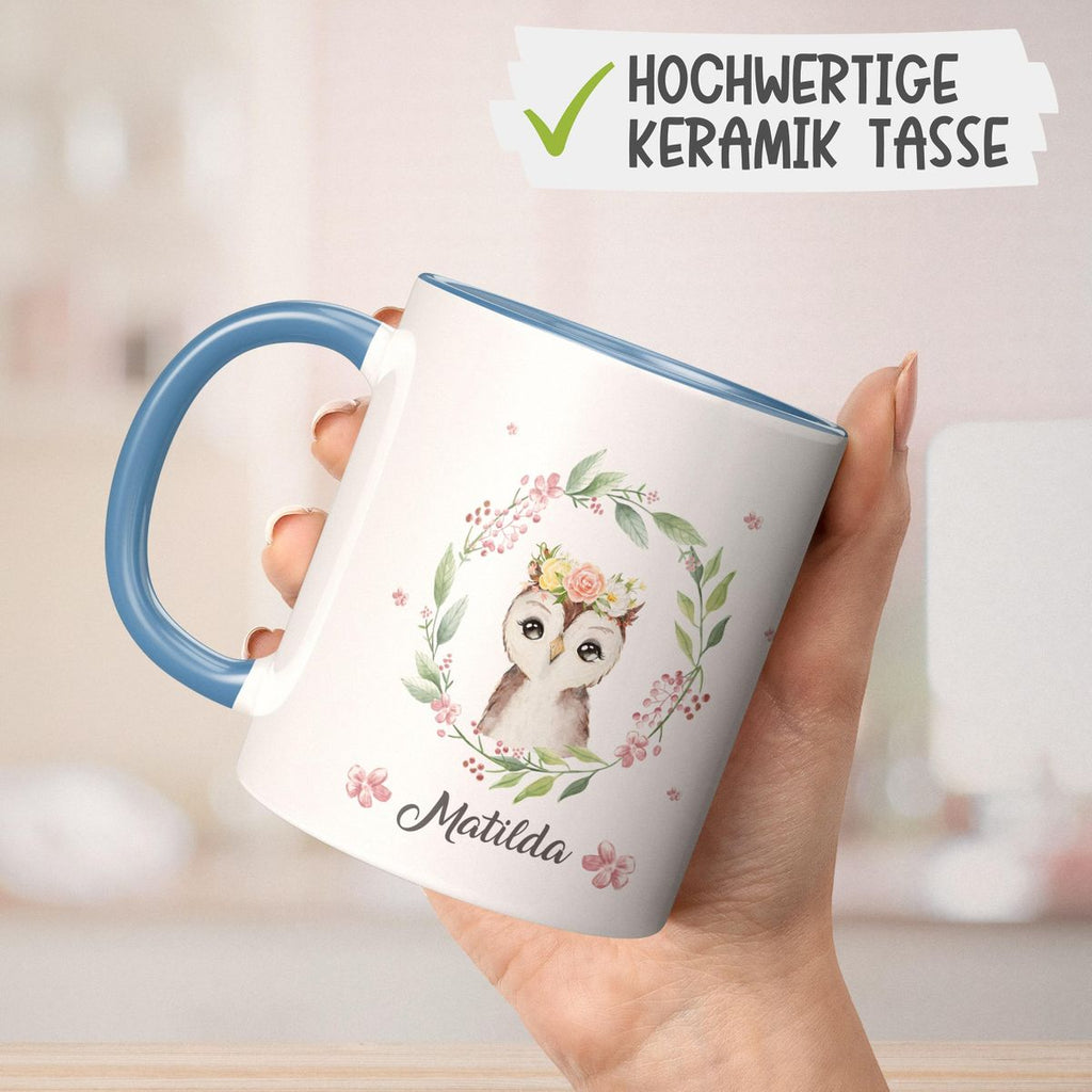 Keramik Tasse Süße Eule mit Blumenkranz personalisiert mit Wunschname - von Mikalino