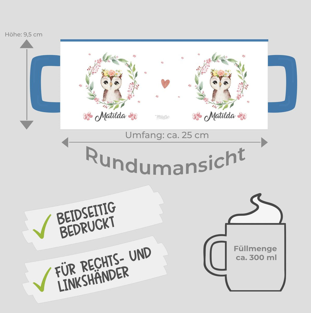 Keramik Tasse Süße Eule mit Blumenkranz personalisiert mit Wunschname - von Mikalino