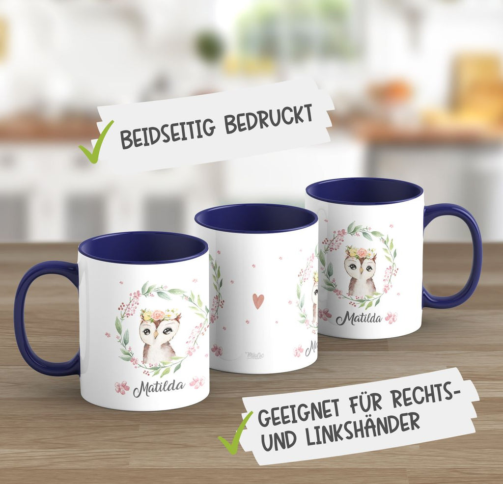 Keramik Tasse Süße Eule mit Blumenkranz personalisiert mit Wunschname - von Mikalino