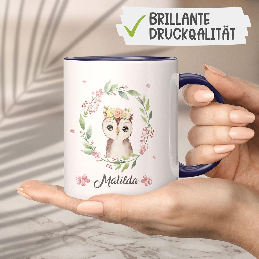 Keramik Tasse Süße Eule mit Blumenkranz personalisiert mit Wunschname - von Mikalino