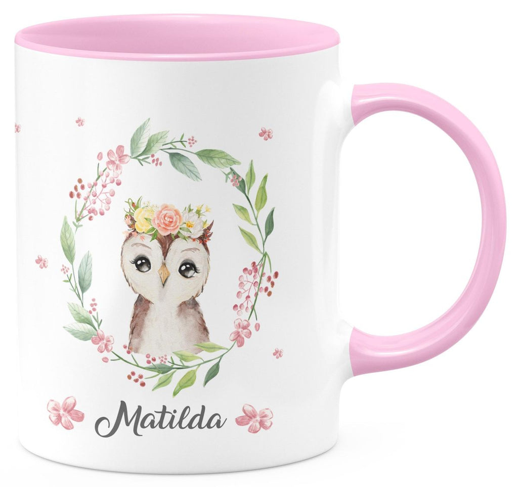 Keramik Tasse Süße Eule mit Blumenkranz personalisiert mit Wunschname - von Mikalino