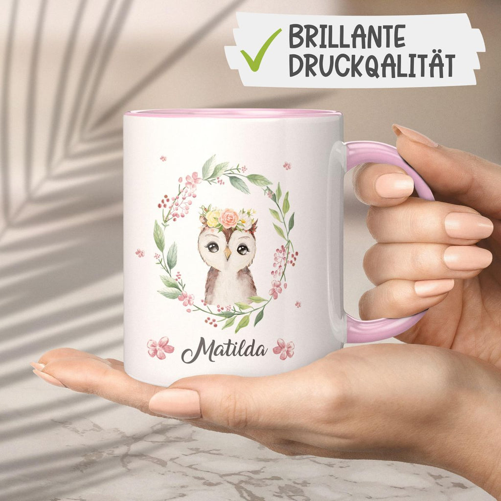 Keramik Tasse Süße Eule mit Blumenkranz personalisiert mit Wunschname - von Mikalino