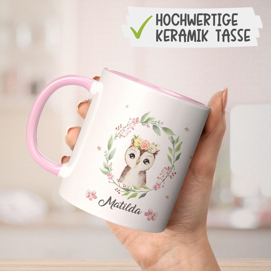 Keramik Tasse Süße Eule mit Blumenkranz personalisiert mit Wunschname - von Mikalino