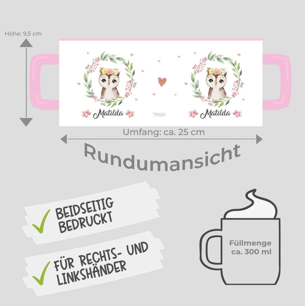 Keramik Tasse Süße Eule mit Blumenkranz personalisiert mit Wunschname - von Mikalino