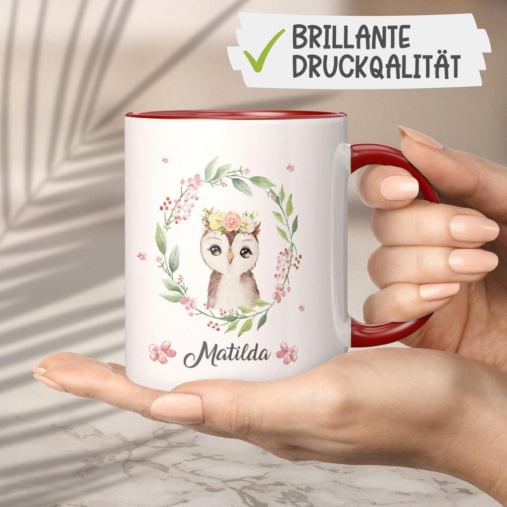 Keramik Tasse Süße Eule mit Blumenkranz personalisiert mit Wunschname - von Mikalino