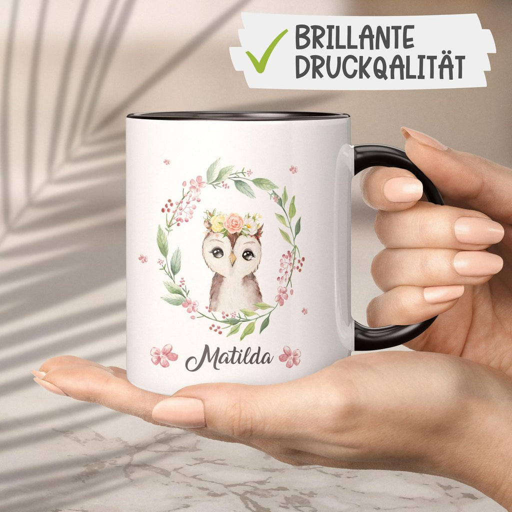 Keramik Tasse Süße Eule mit Blumenkranz personalisiert mit Wunschname - von Mikalino