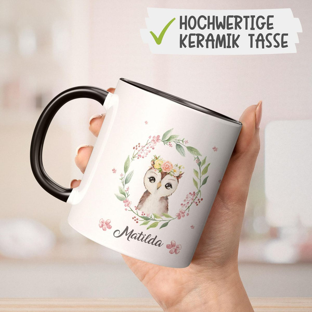 Keramik Tasse Süße Eule mit Blumenkranz personalisiert mit Wunschname - von Mikalino