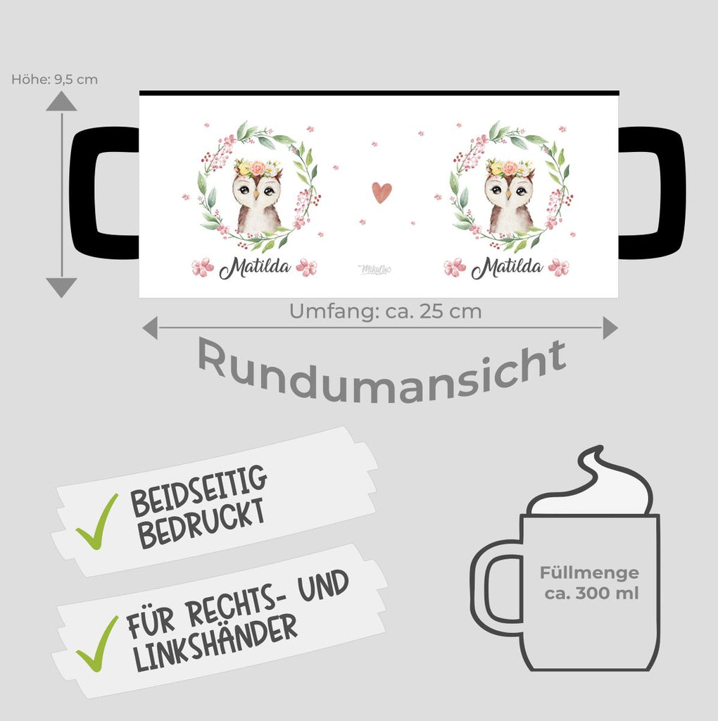 Keramik Tasse Süße Eule mit Blumenkranz personalisiert mit Wunschname - von Mikalino