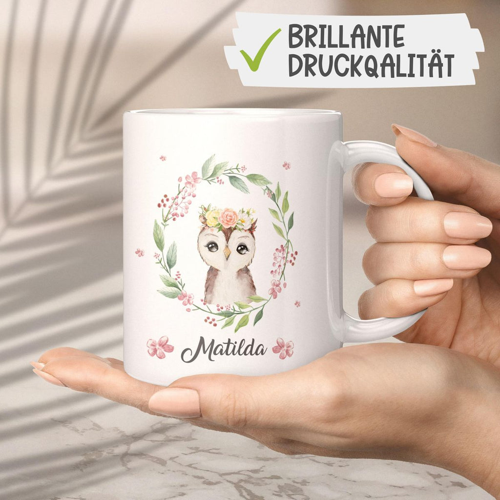 Keramik Tasse Süße Eule mit Blumenkranz personalisiert mit Wunschname - von Mikalino