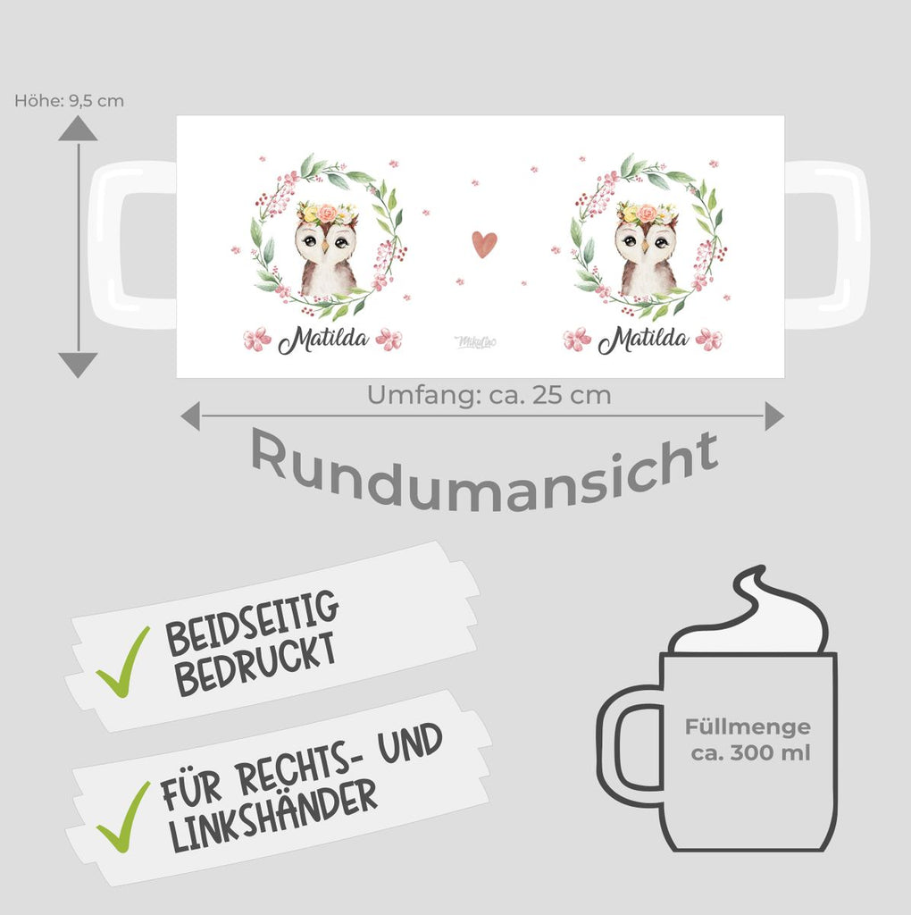 Keramik Tasse Süße Eule mit Blumenkranz personalisiert mit Wunschname - von Mikalino