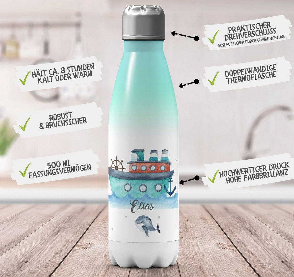 Thermo Trinkflasche Buntes Schiff personalisiert mit Wunschname - von Mikalino