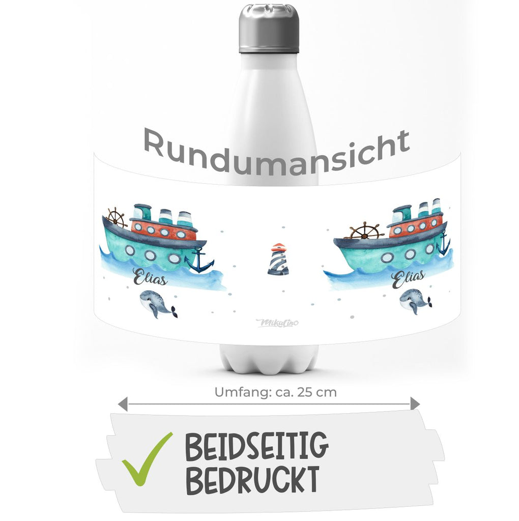 Thermo Trinkflasche Buntes Schiff personalisiert mit Wunschname - von Mikalino