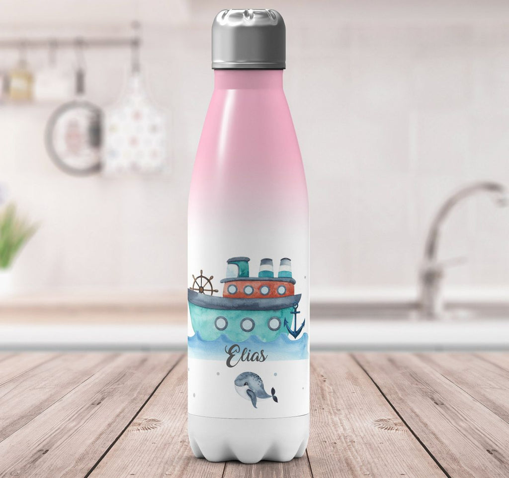 Thermo Trinkflasche Buntes Schiff personalisiert mit Wunschname - von Mikalino