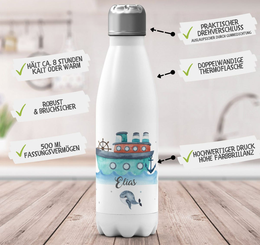 Thermo Trinkflasche Buntes Schiff personalisiert mit Wunschname - von Mikalino