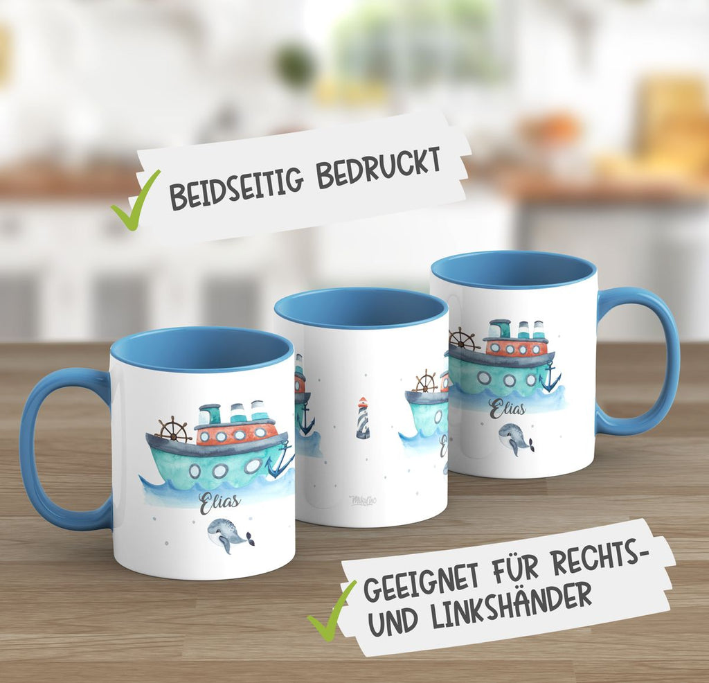 Keramik Tasse Buntes Schiff personalisiert mit Wunschname - von Mikalino