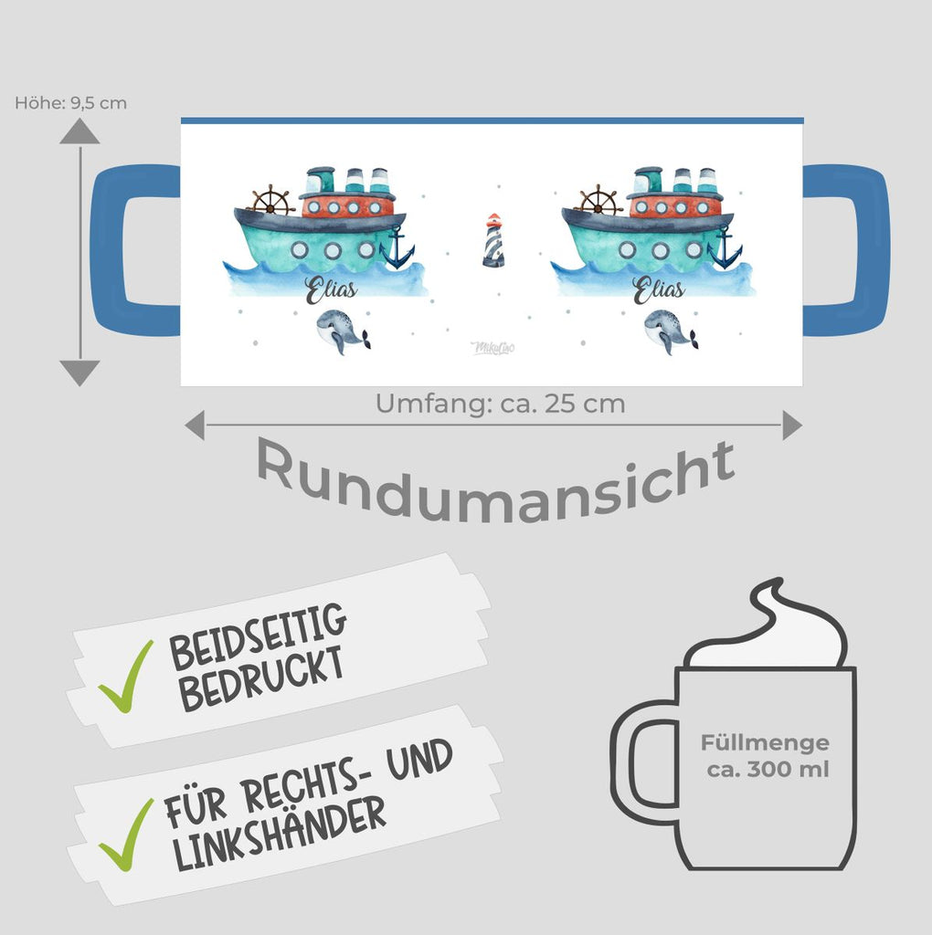 Keramik Tasse Buntes Schiff personalisiert mit Wunschname - von Mikalino