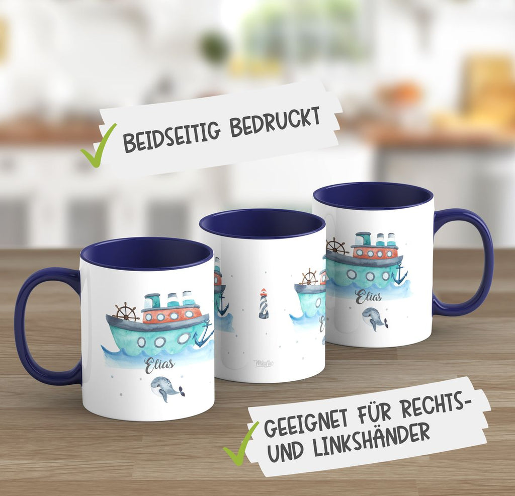 Keramik Tasse Buntes Schiff personalisiert mit Wunschname - von Mikalino