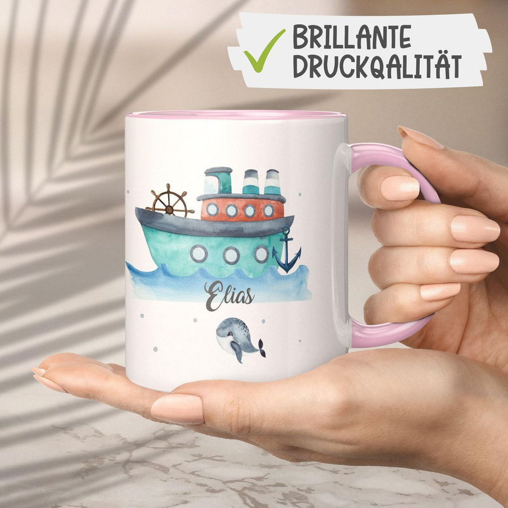 Keramik Tasse Buntes Schiff personalisiert mit Wunschname - von Mikalino