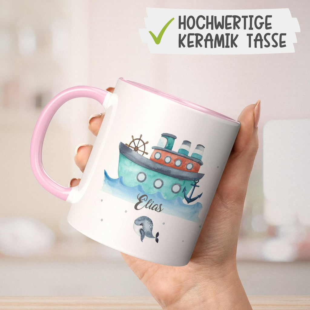 Keramik Tasse Buntes Schiff personalisiert mit Wunschname - von Mikalino