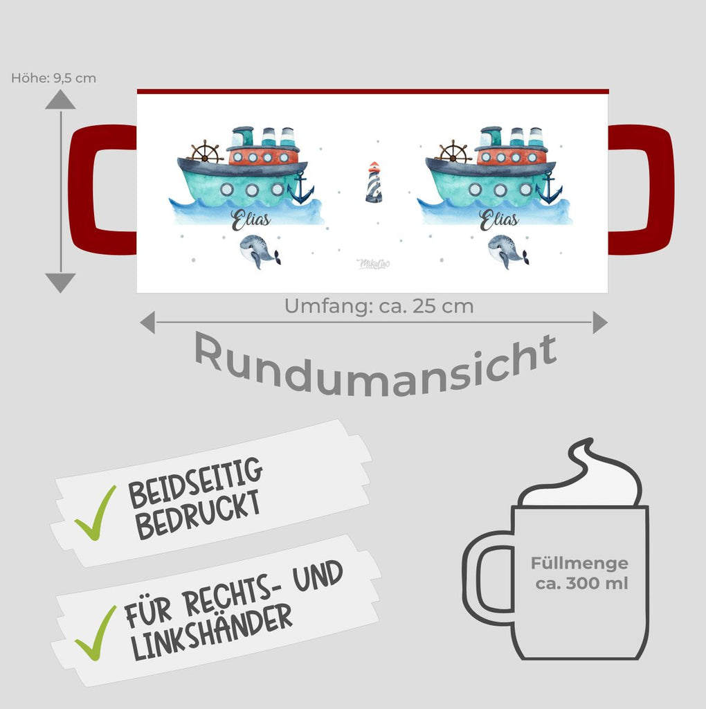 Keramik Tasse Buntes Schiff personalisiert mit Wunschname - von Mikalino