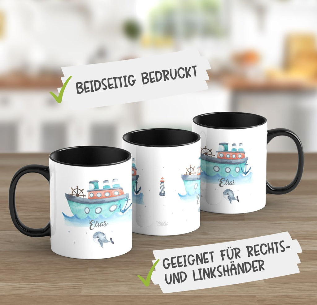 Keramik Tasse Buntes Schiff personalisiert mit Wunschname - von Mikalino