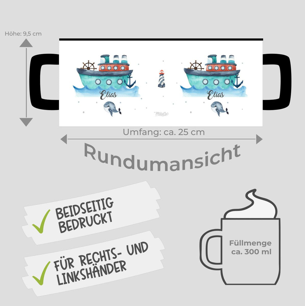 Keramik Tasse Buntes Schiff personalisiert mit Wunschname - von Mikalino