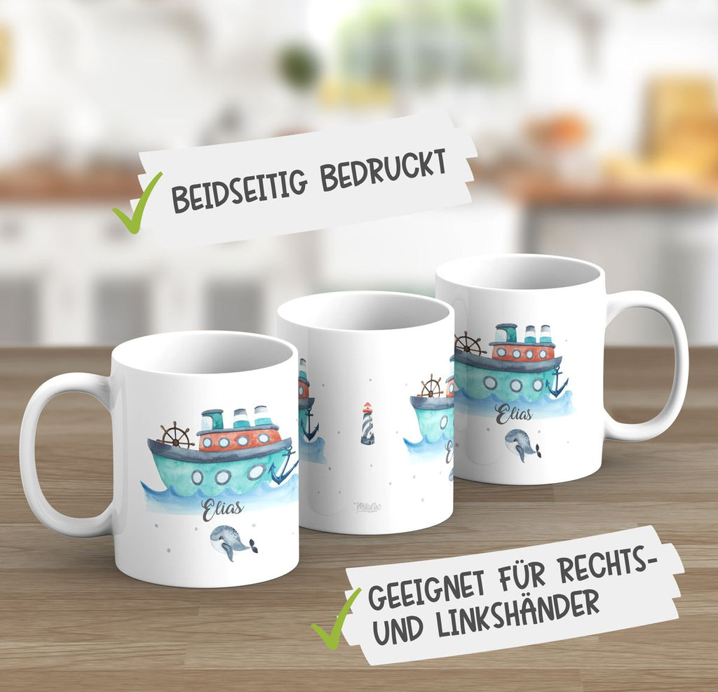 Keramik Tasse Buntes Schiff personalisiert mit Wunschname - von Mikalino