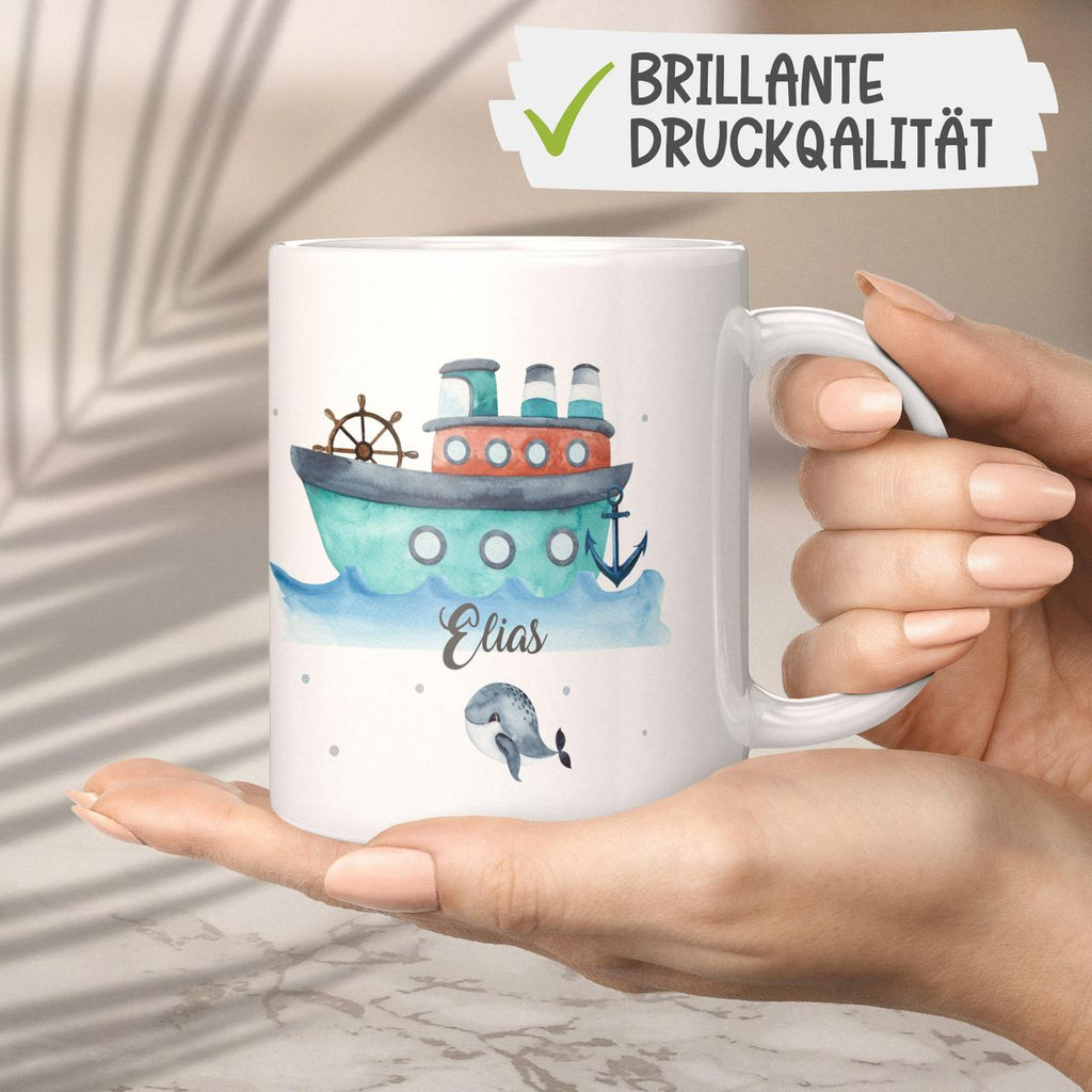 Keramik Tasse Buntes Schiff personalisiert mit Wunschname - von Mikalino