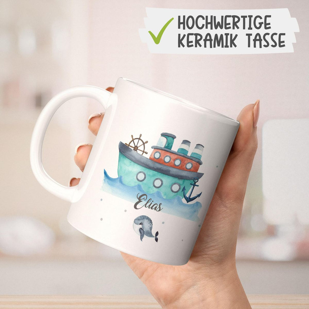 Keramik Tasse Buntes Schiff personalisiert mit Wunschname - von Mikalino