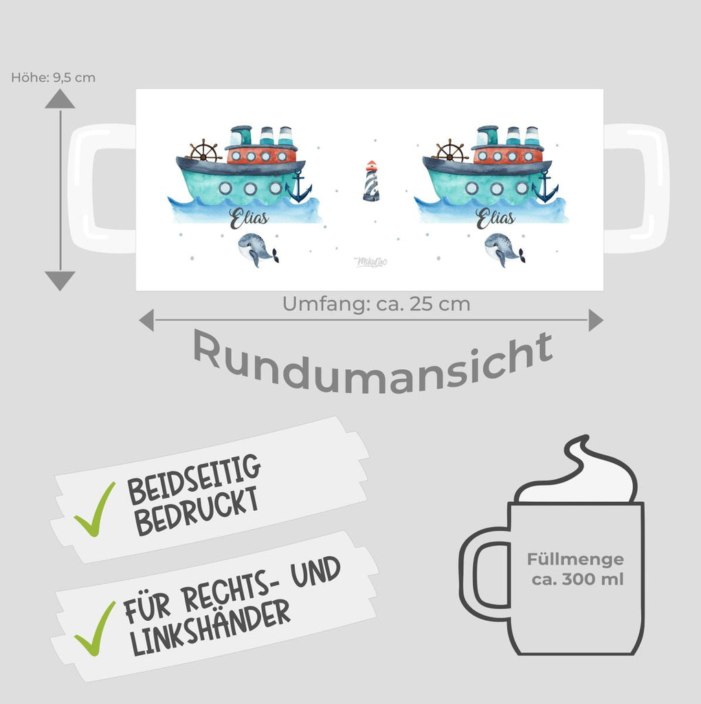 Keramik Tasse Buntes Schiff personalisiert mit Wunschname - von Mikalino