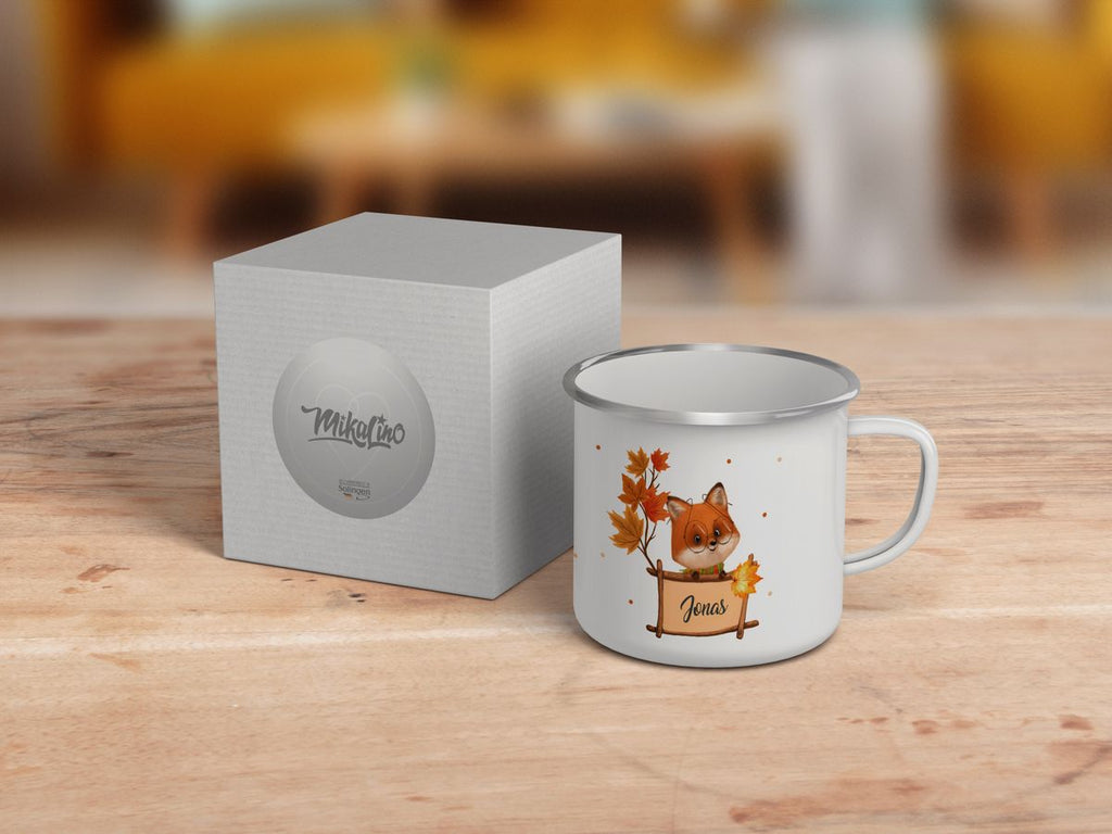 Emaille Tasse Süßer Fuchs mit Brille personalisiert mit Wunschname - von Mikalino