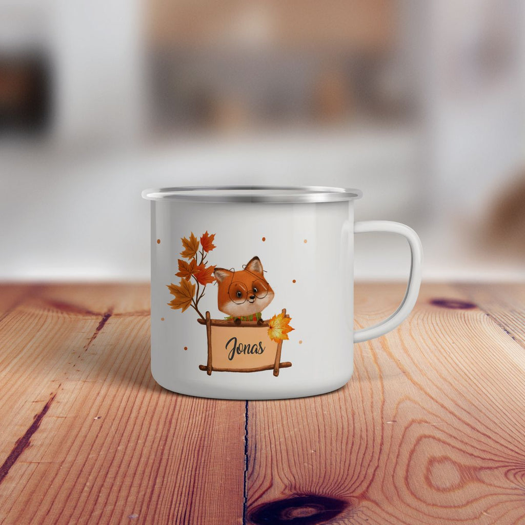 Emaille Tasse Süßer Fuchs mit Brille personalisiert mit Wunschname - von Mikalino