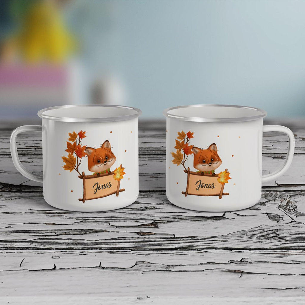 Emaille Tasse Süßer Fuchs mit Brille personalisiert mit Wunschname - von Mikalino