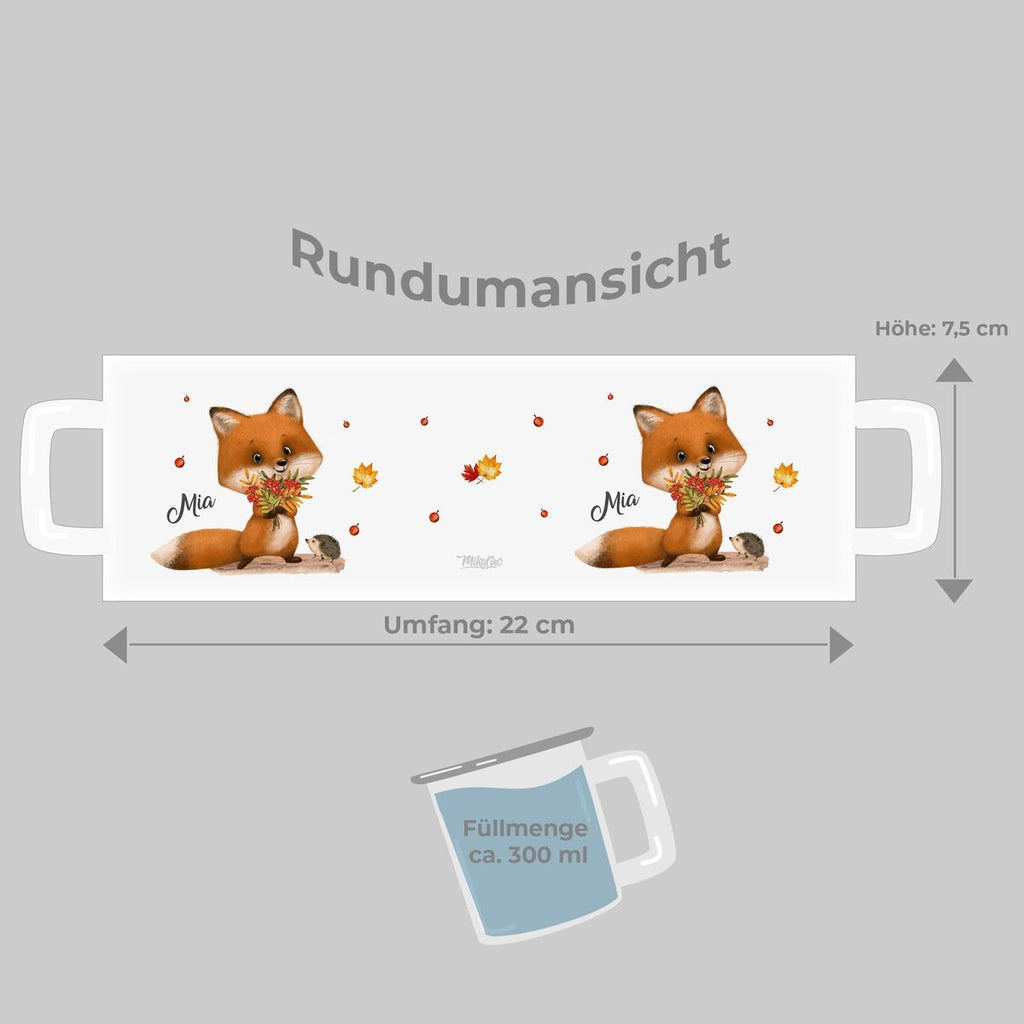 Emaille Tasse Niedlicher Fuchs personalisiert mit Wunschname - von Mikalino