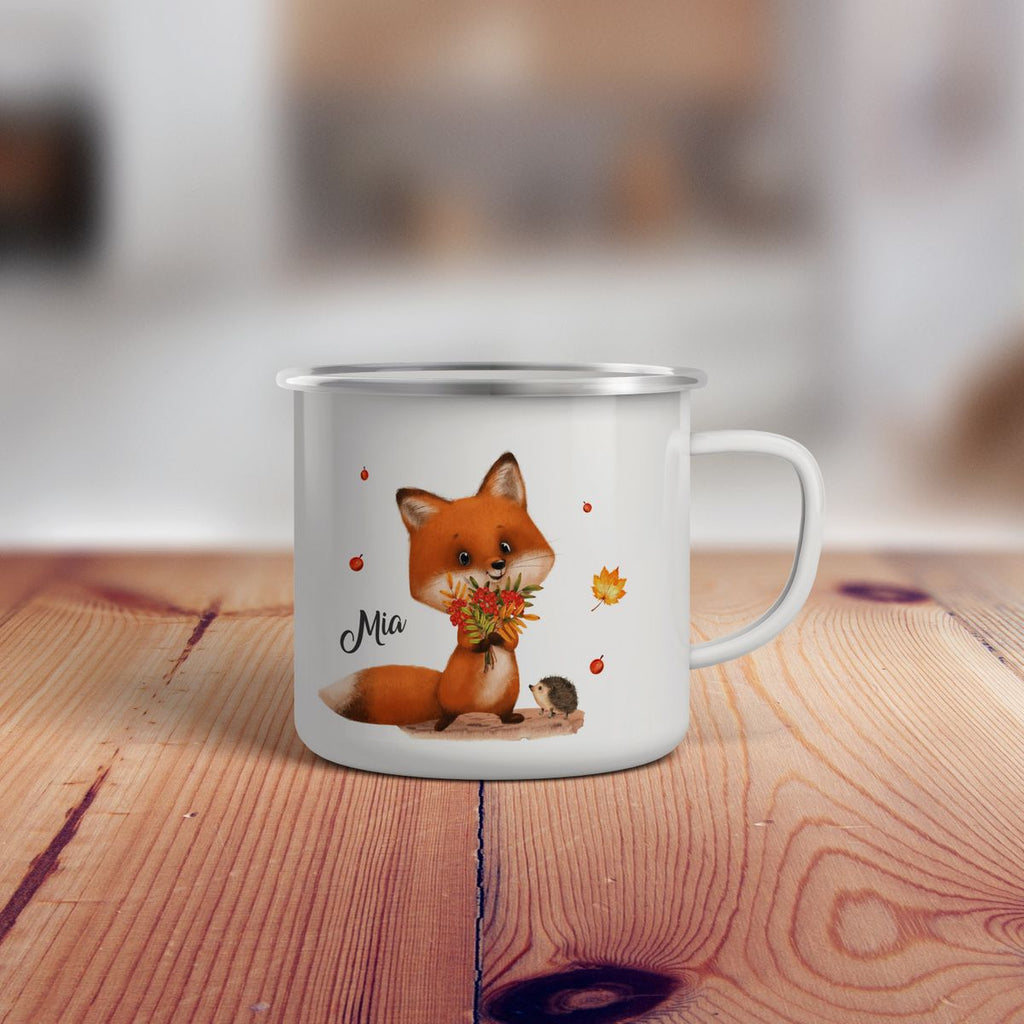 Emaille Tasse Niedlicher Fuchs personalisiert mit Wunschname - von Mikalino