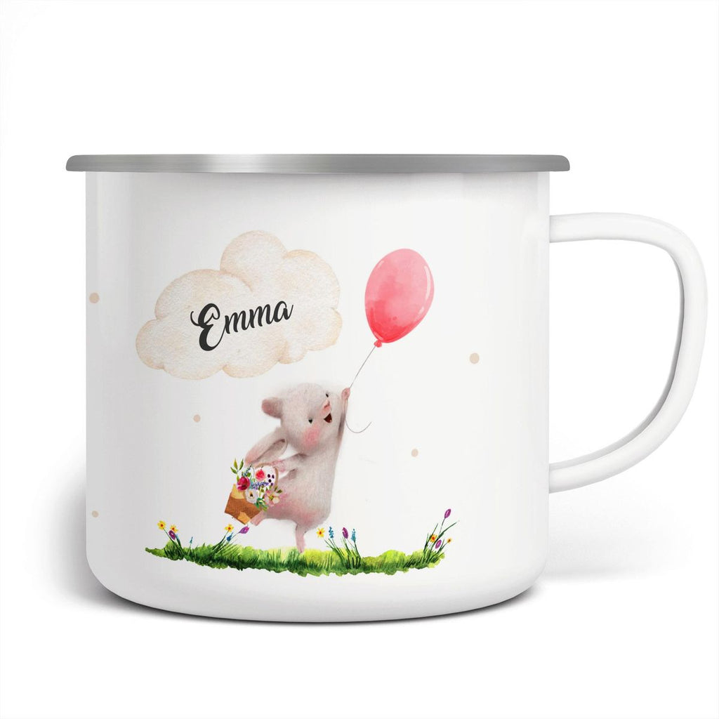 Emaille Tasse Süßer Hase mit einem Luftballon personalisiert mit Wunschname - von Mikalino