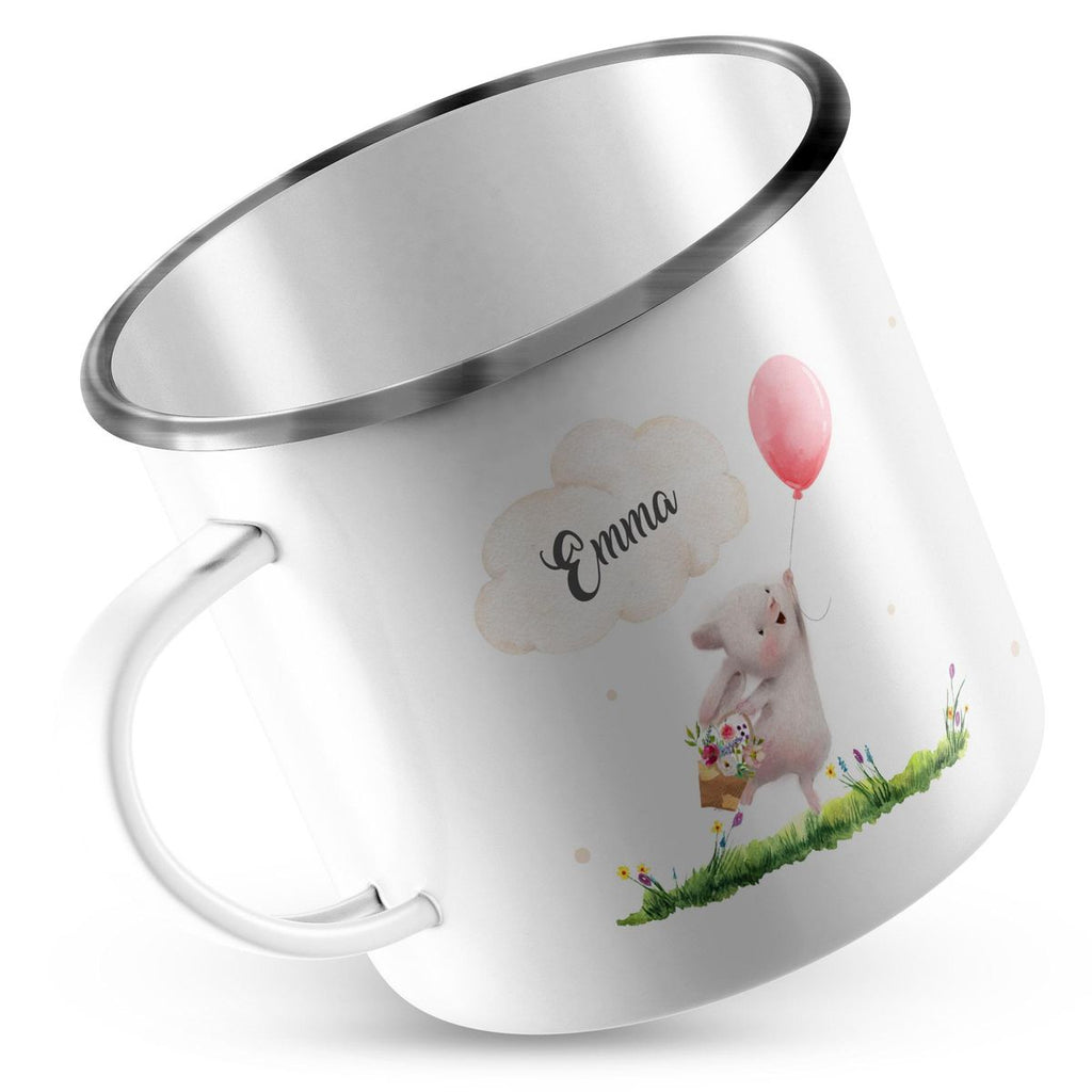 Emaille Tasse Süßer Hase mit einem Luftballon personalisiert mit Wunschname - von Mikalino