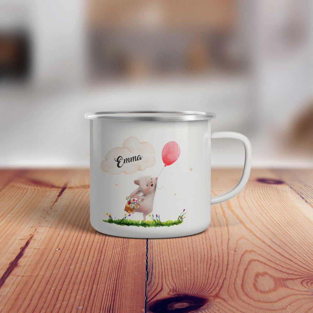 Emaille Tasse Süßer Hase mit einem Luftballon personalisiert mit Wunschname - von Mikalino