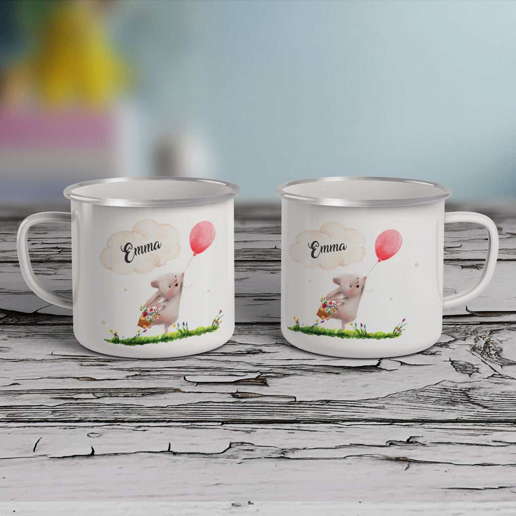 Emaille Tasse Süßer Hase mit einem Luftballon personalisiert mit Wunschname - von Mikalino