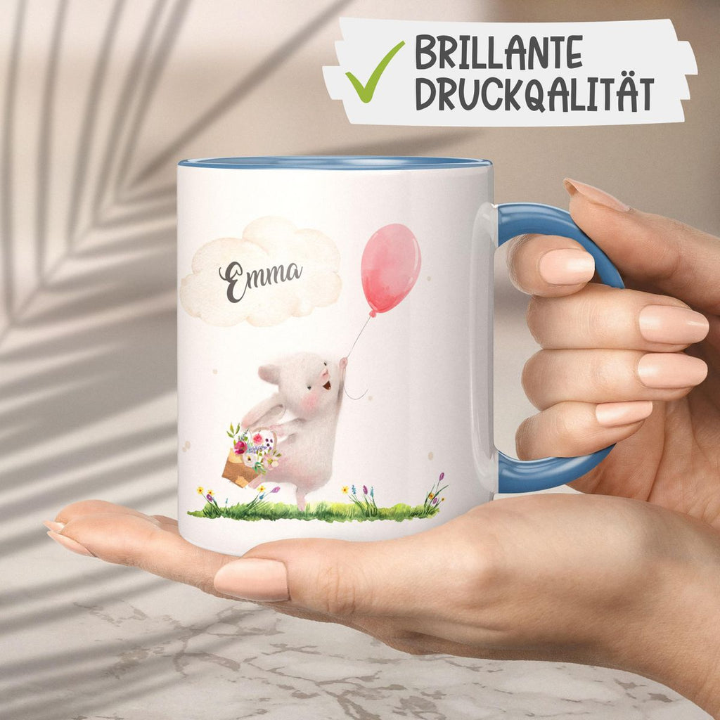 Keramik Tasse Süßer Hase mit einem Luftballon personalisiert mit Wunschname - von Mikalino