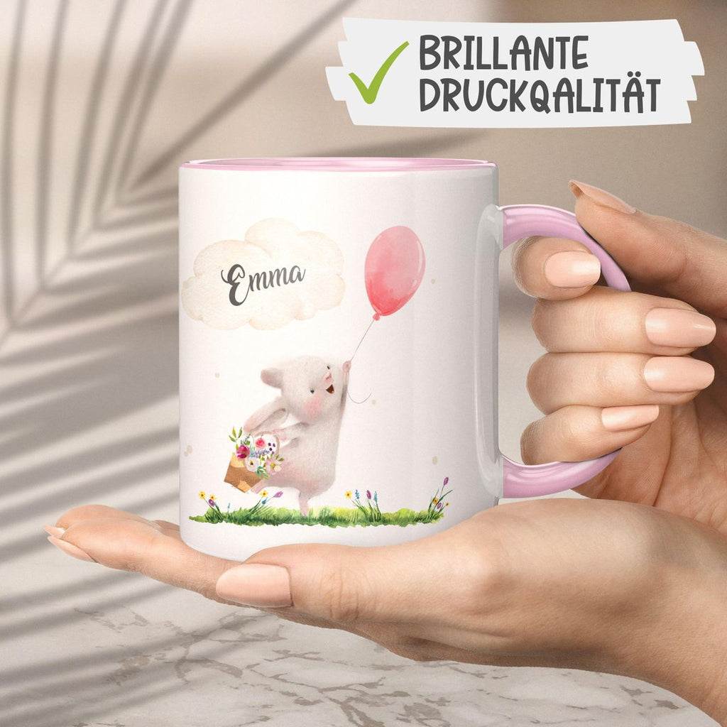 Keramik Tasse Süßer Hase mit einem Luftballon personalisiert mit Wunschname - von Mikalino